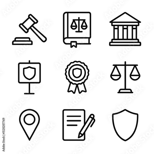 Legal Icon Set. Outline icon set of legal protection and policy: gavel, law book, government building, protected area sign,
