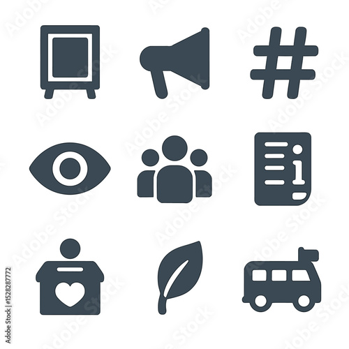 Public Campaign Icons. Flat icon set of public awareness campaigns: poster stand, megaphone, social media hashtag, eye icon,