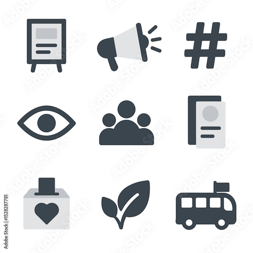 Public Campaign Icons. Flat icon set of public awareness campaigns: poster stand, megaphone, social media hashtag, eye icon,