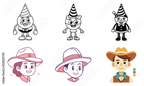 Colorful Cat Character Illustration Wearing Various Hats a Fun and Playful Design for Creative Projects
