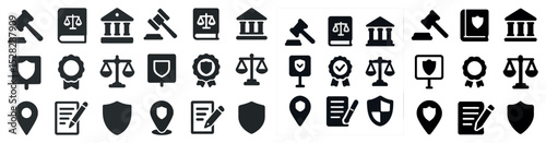 Law and justice filled icons set – solid, legal, courthouse and judicial symbols