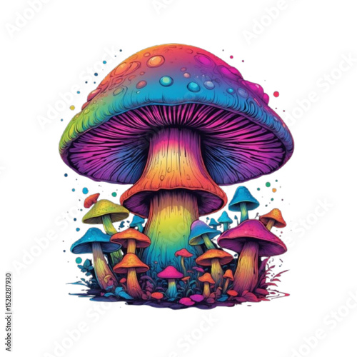 Colorful fantasy mushrooms in vibrant rainbow colors, representing imagination and creativity, copy space