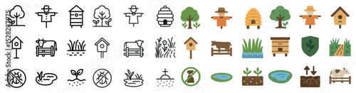 Gardening linear icons set – outline, flat, plant care and agriculture symbols