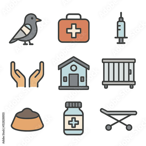 Rescue Center Icons. Flat icon set of rescue and rehabilitation centers: injured bird, first aid kit, veterinary syringe,