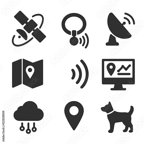 Satellite Tracking Icons. Flat icon set of satellite tracking technology: orbiting satellite, collar tag signal, antenna dish, map