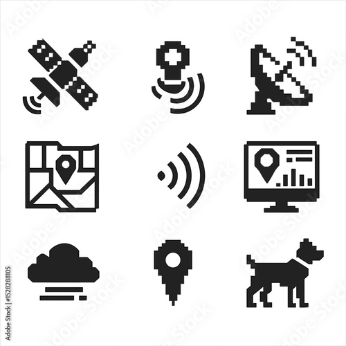 Satellite Tracking Icons. Pixel art icon set of satellite tracking technology: orbiting satellite, collar tag signal, antenna dish