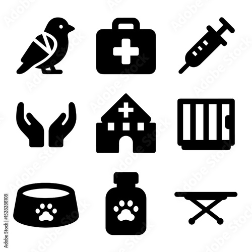 Rescue Center Icons. Solid, Filled icon set of rescue and rehabilitation centers: injured bird, first aid kit, veterinary syringe,