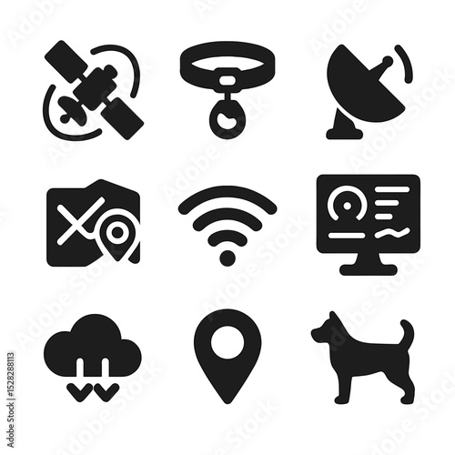 Satellite Technology Icons. Solid, Filled icon set of satellite tracking technology: orbiting satellite, collar tag signal,