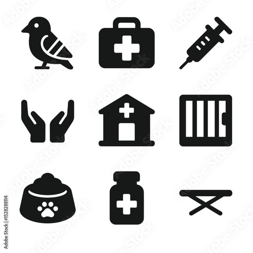 Rescue Center Icons. Solid, Filled icon set of rescue and rehabilitation centers: injured bird, first aid kit, veterinary syringe,