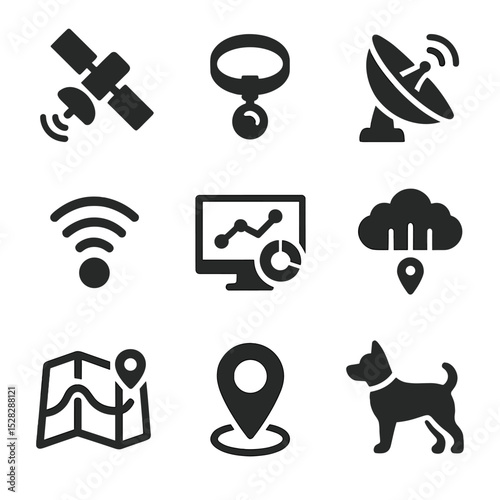 Satellite Tracking Icons. Flat icon set of satellite tracking technology: orbiting satellite, collar tag signal, antenna dish, map