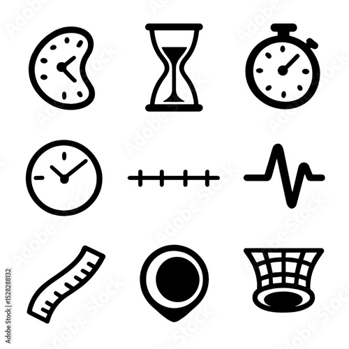 Time Dilation Icons. Flat icon set of time dilation visuals: stretched clock, elongated hourglass, warped stopwatch, stretched