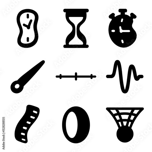 Time Dilation Icons. Solid, Filled icon set of time dilation visuals: stretched clock, elongated hourglass, warped stopwatch,