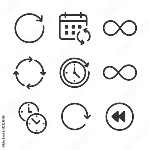 Time Loop Icons. Outline icon set of time loop motifs: circular arrow, repeating calendar, looped timeline, recursive clock face,
