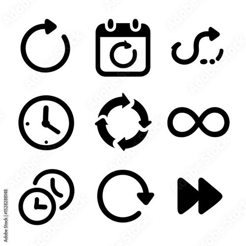 Time Loop Icons. Solid, Filled icon set of time loop motifs: circular arrow, repeating calendar, looped timeline, recursive clock