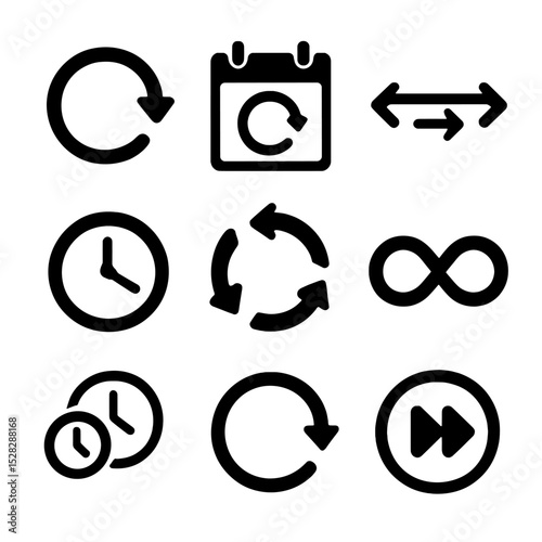 Time Loop Icons. Solid, Filled icon set of time loop motifs: circular arrow, repeating calendar, looped timeline, recursive clock