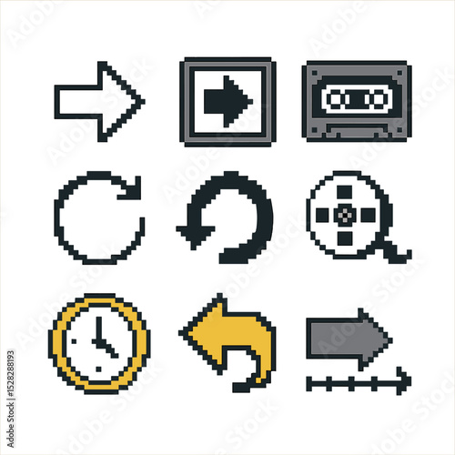 Time Rewind Icons. Pixel art icon set of time rewind actions: backward arrow, reverse frame, rewind tape, counterclockwise hands,