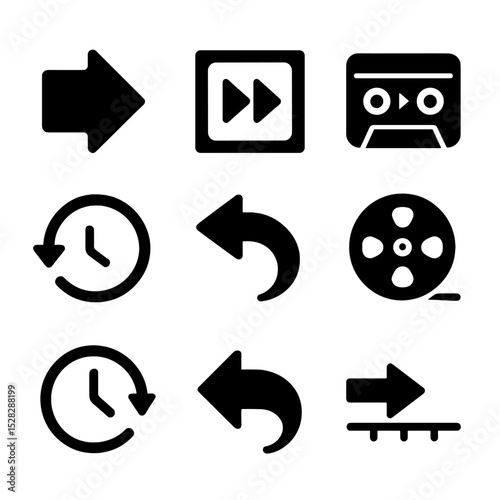 Time Rewind Icons. Flat icon set of time rewind actions: backward arrow, reverse frame, rewind tape, counterclockwise hands, undo