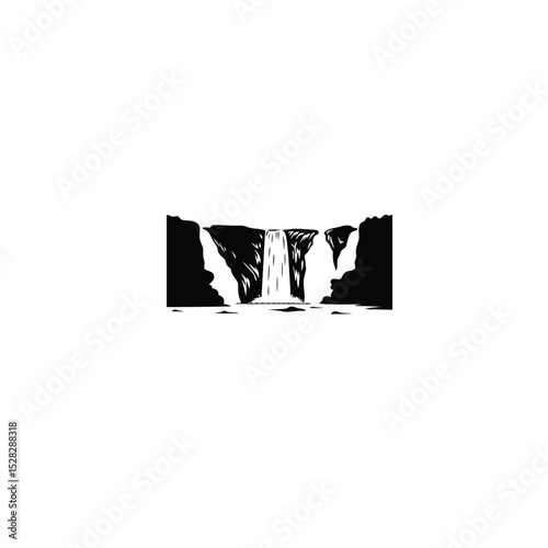 Silhouetted cliffs with a waterfall flowing down on white background