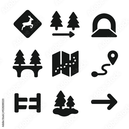 Wildlife Corridors Icons. Solid, Filled icon set of wildlife corridors design: animal crossing sign, connected forest patches,