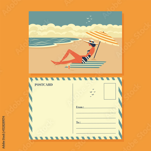 summer postcard design with girl relaxing on the beach flat vector illustration.