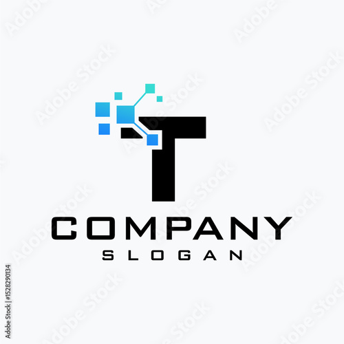 Initial Letter T Logo. Geometric Shape with Square Pixel Dots isolated on Black Background. logo for technology business in digital field