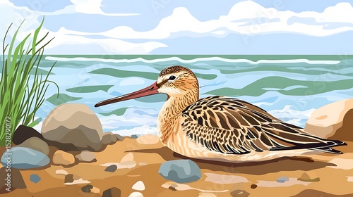 shoreline Bar tailed Godwit resting on