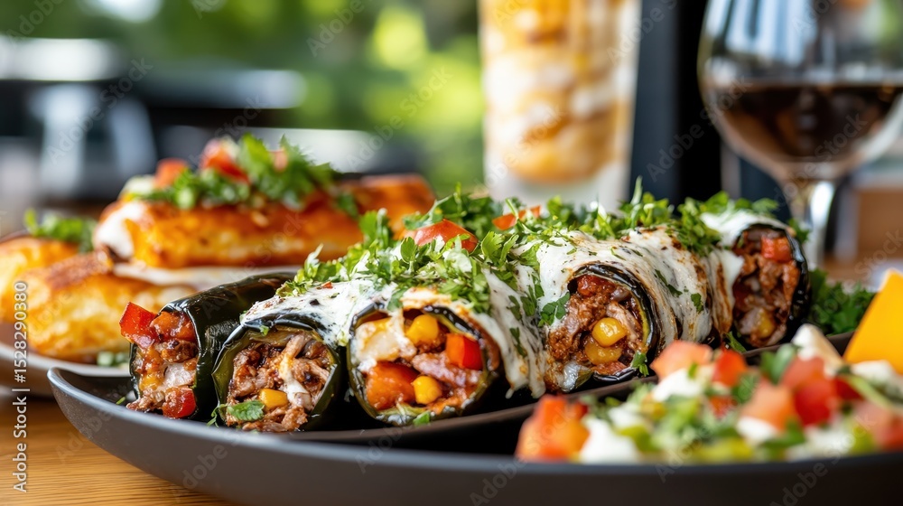 Fototapeta premium A visually appealing platter of culinary delights featuring beautifully arranged dishes, highlighting the artistry of food presentation and the joy of sharing meals.