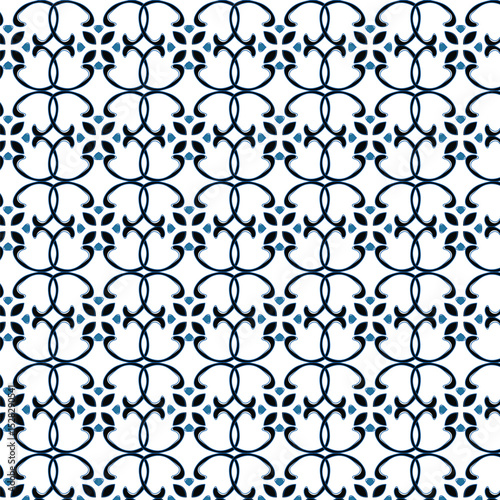 vector seamless pattern, seamless repeating pattern with a flowing, curvilinear design in dark blue and black on a white background, interconnected looping and swirling lines, four-leaf clover-like