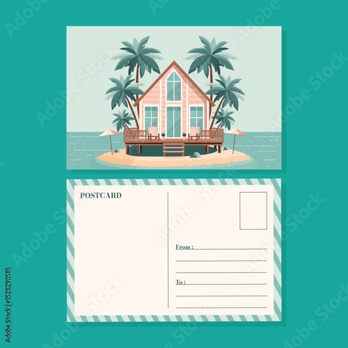 summer postcard with small house on tropical island flat vector illustration.