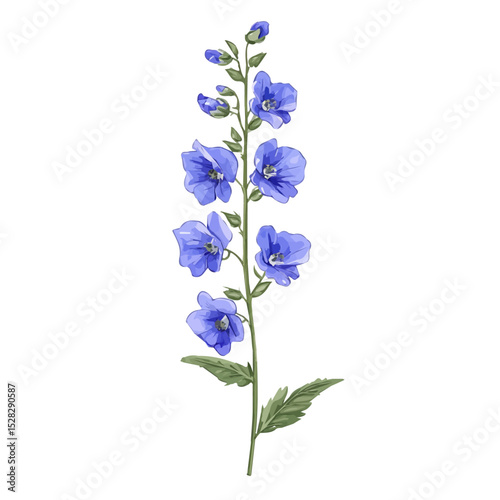 A Delphinium Stem vector 2D flat illustration, isolated on a white background.