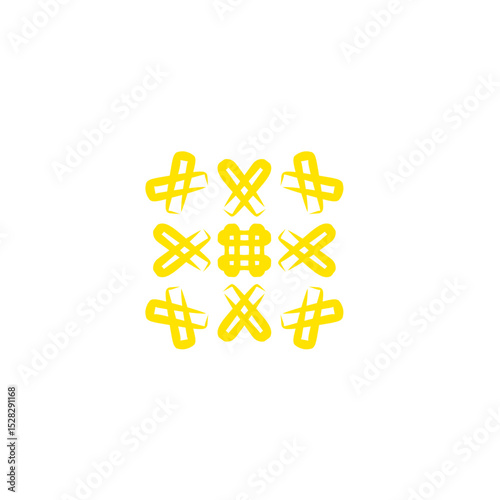 Geometric abstraction of interwoven shapes in luminous yellow against darkness