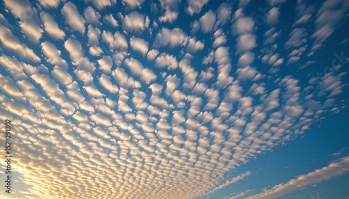 a sky filled with large, fluffy white clouds is visible in the upper half of the image. below, there's a vast expanse that appears to be a body of water reflecting the light blue hue of the sky