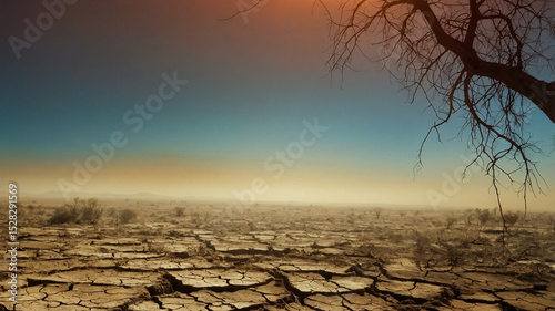 The parched earth stretches out, cracked and barren under a relentless sun. The skeletal remains of trees claw at the sky in a desperate plea for life