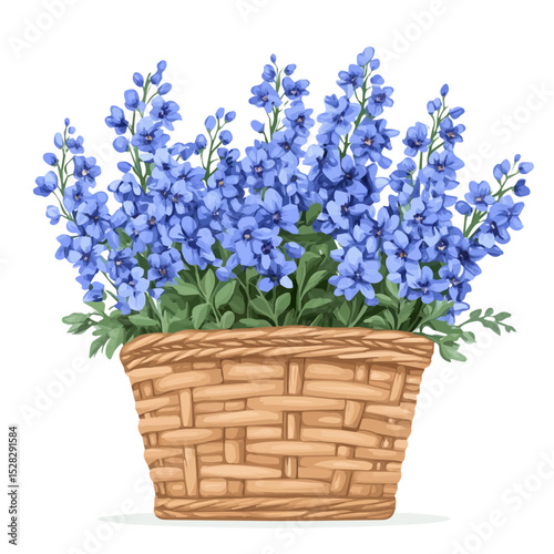 2D flat vector illustration of A Delphinium Flower Basket, isolated on a white background.
