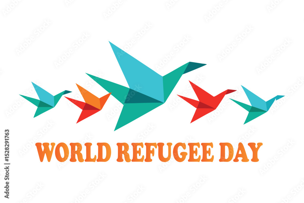 Fototapeta premium World Refugee Day Vector – Origami Birds Carrying Homes Flying Over Borders, Refugee Safe Haven Illustration