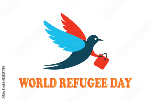 World Refugee Day Vector – Bird Carrying Bag Flying Over Borders, Refugee Resilience Illustration