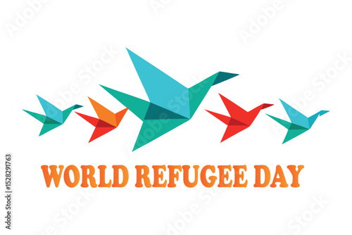 World Refugee Day Vector – Origami Birds Carrying Homes Flying Over Borders, Refugee Safe Haven Illustration