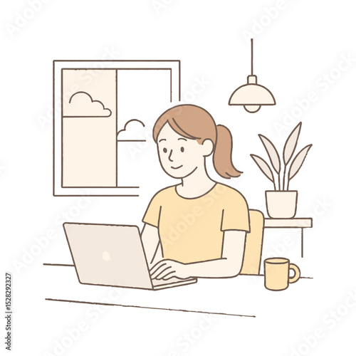 Woman working from home using laptop, comfortable setting with plant and coffee