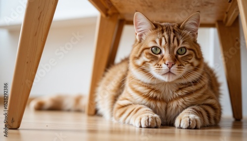 Relaxed orange tabby cat lying under a wooden chair at home  
