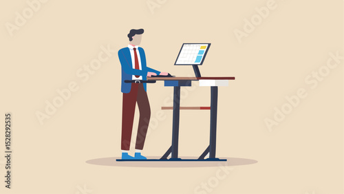 Person standing at an adjustable desk with a computer in a minimalist style illustration design