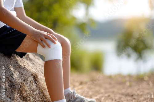 Children's injuries in summer. The child sits on the ground with bandaged knee. Only the knee and bandage is visible