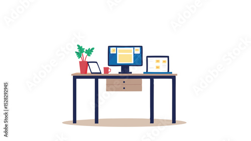 Illustration of a desk with computer monitor laptop tablet plant and cup in a minimalist style setup