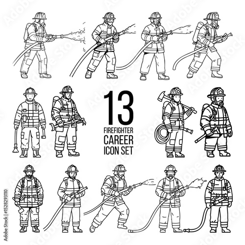 Collection of 13 Firefighter Career Icons Line Art Illustrations for Safety, Emergency Response, and Bravery - Perfect for Websites, Applications, and Designs