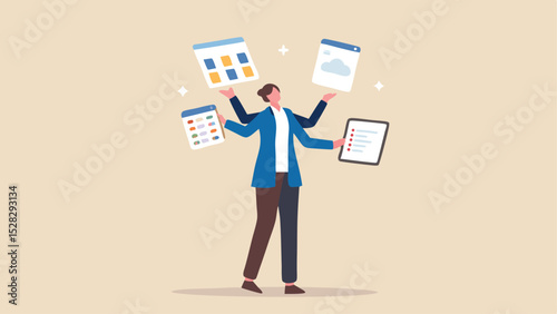 Illustration of a woman multitasking with four arms holding calendars and a to do list items