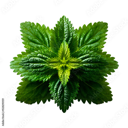 Green nettle leaves, symmetrical layout, isolated white background