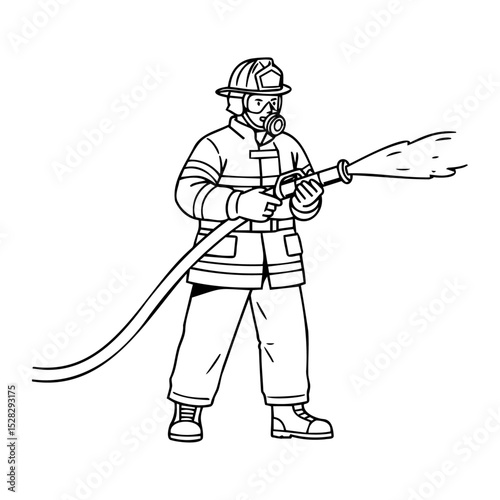 An outlined drawing of a firefighter in full gear, holding a hose and spraying water, on a white background, perfect for a coloring book or simple illustration