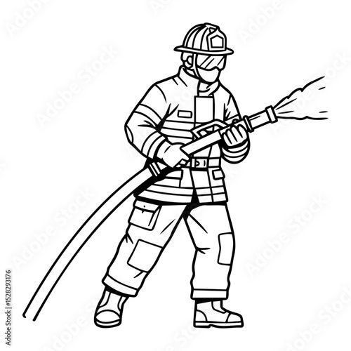 Firefighter in Action Line Art Illustration of a Brave First Responder Battling a Blaze,  Demonstrating Courage and Skill in Emergency Response