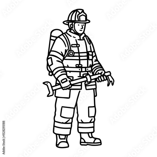An outlined drawing shows a firefighter in full gear with an air tank, holding a prying tool, standing on a white background, suitable for educational or illustrative purposes