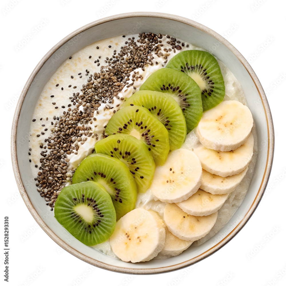 Overnight Oats with Chia Seeds, Kiwi, and Banana Isolated on Transparent Background Overnight Oats with Chia Seeds, Kiwi, and Banana Isolated on Transparent Background