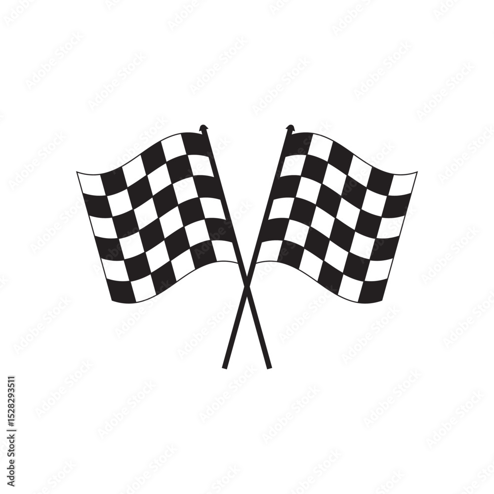 Fototapeta premium Racing Flag icon. Two crossed checkered flags silhouette. Racing flag vector. Perfect for sports and finish line designs. Checkered flag on a pole waving in the wind for race completion
